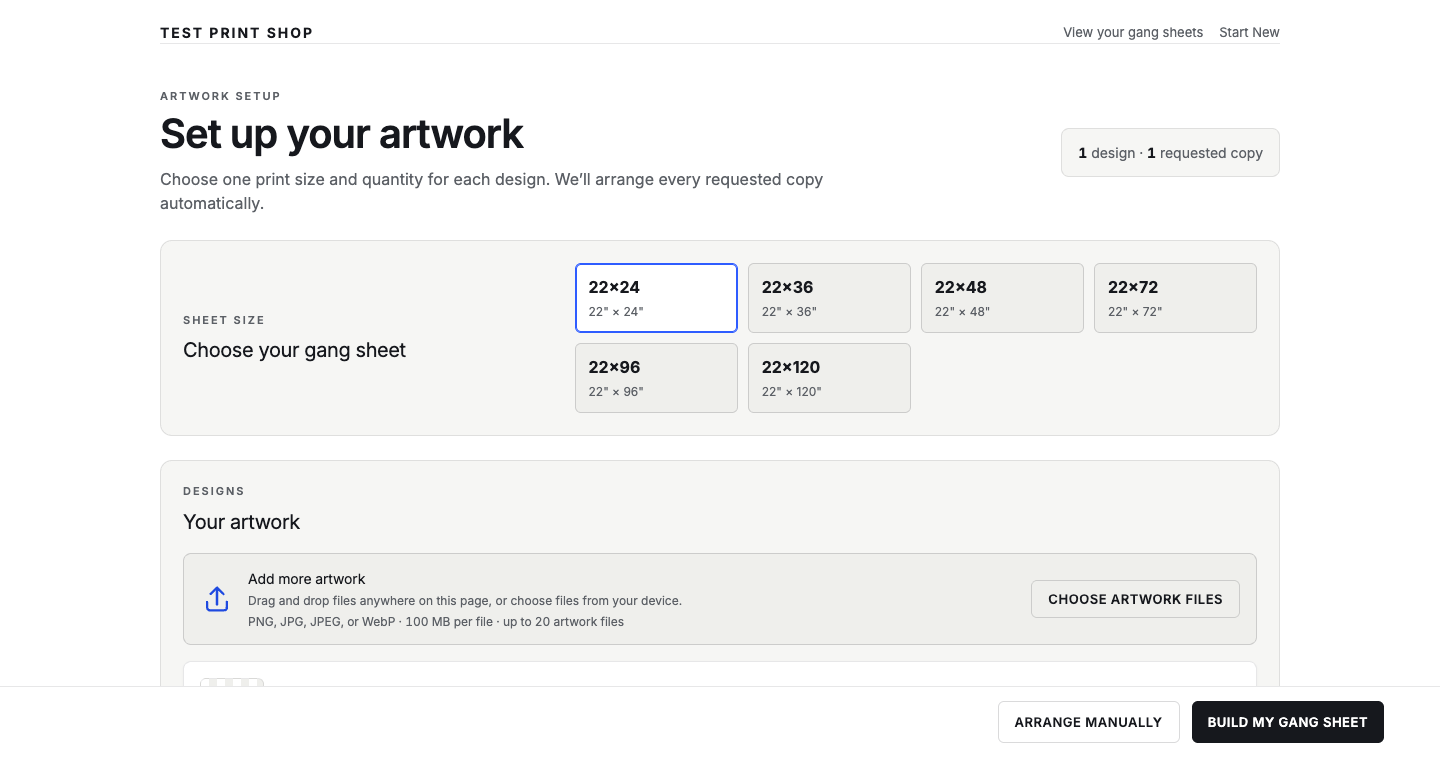 The GSPressHQ guided artwork setup screen